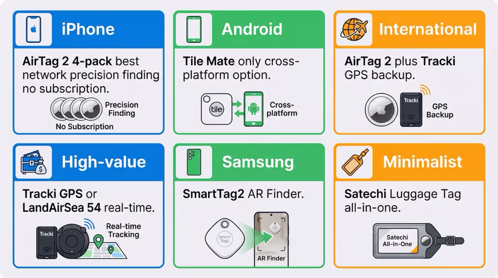 Luggage tracker recommendations by traveler type: iPhone user, Android user, frequent flyer, and minimalist