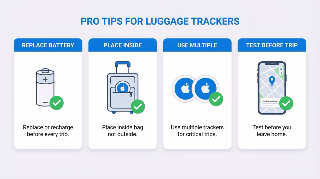 Pro tips for luggage tracker placement including hiding spots and battery check reminders