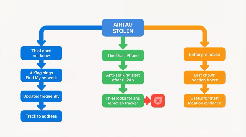 Flowchart showing what happens after AirTag theft depending on whether the thief finds it