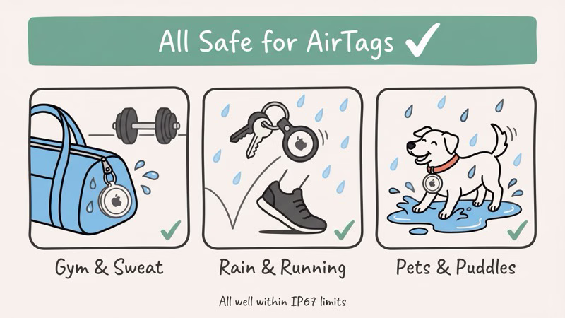 Safe moisture scenarios for AirTag including sweat, rain, and light splashes
