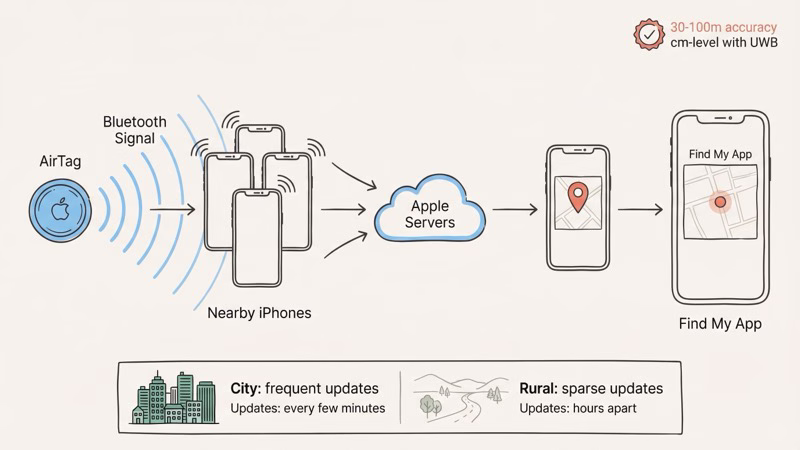 How Find My network relays AirTag location through nearby iPhones to the owner