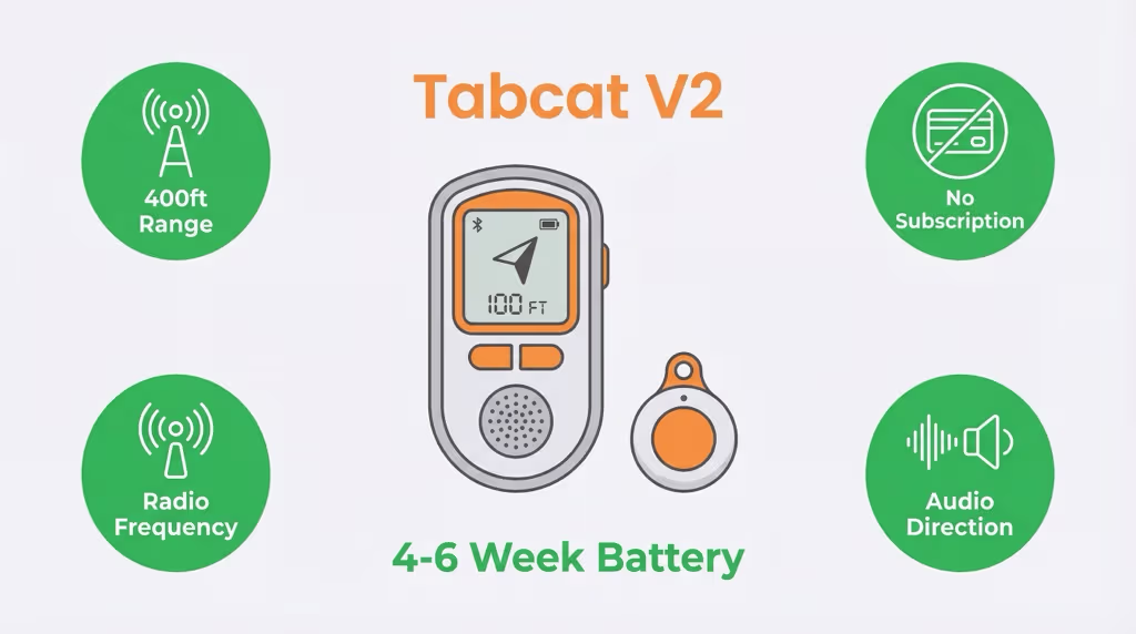 Tabcat V2 handheld finder and collar tag showing directional RF tracking for cats