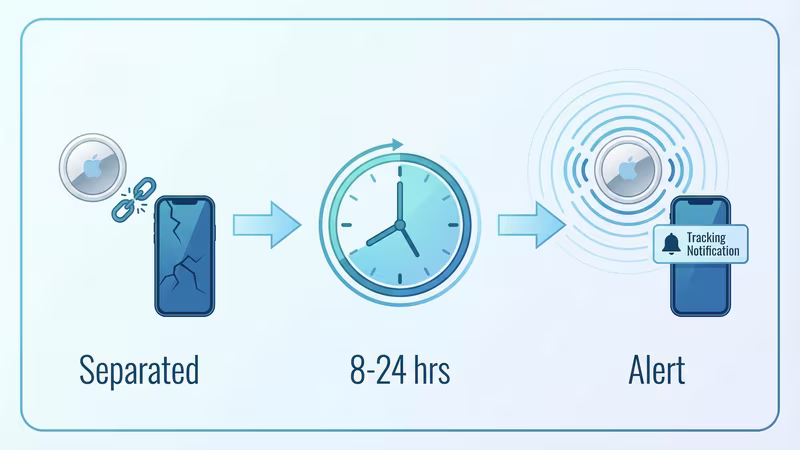Timeline showing AirTag anti-stalking alert activation from 8 to 24 hours
