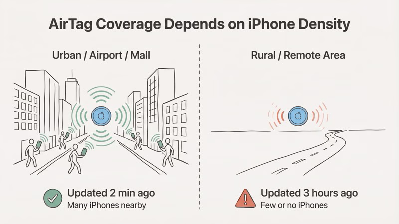 AirTag tracking coverage comparison between urban areas and rural locations