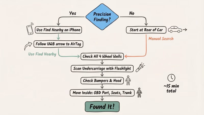 Recommended search order for finding a hidden AirTag in your car