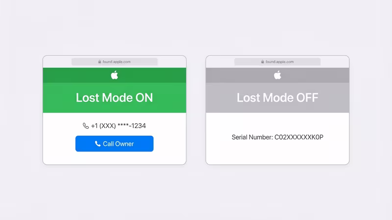 Infographic comparing what found.apple.com shows when AirTag is in Lost Mode vs not in Lost Mode