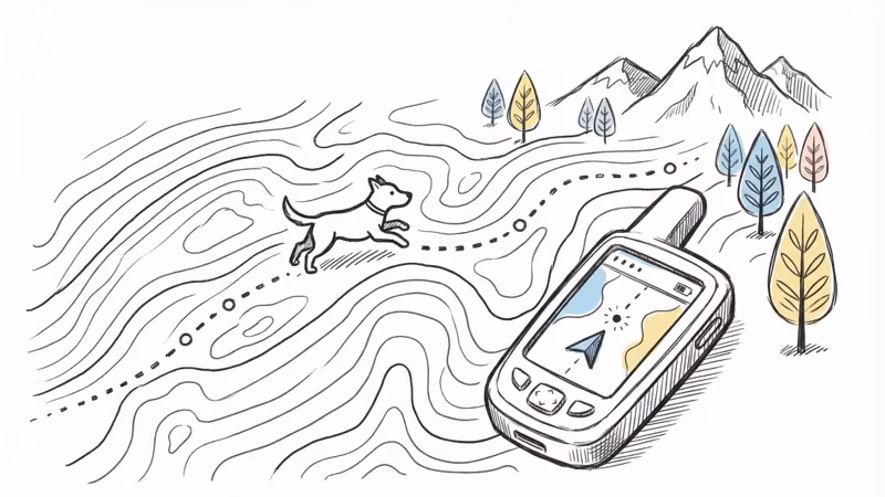 Garmin Astro 320 handheld unit displaying a dog's GPS location on a topographic map in wilderness terrain