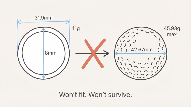 AirTag size and weight comparison against a golf ball showing why it cannot fit inside