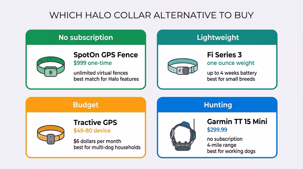 Recommendation grid showing which Halo Collar alternative to buy based on your priorities