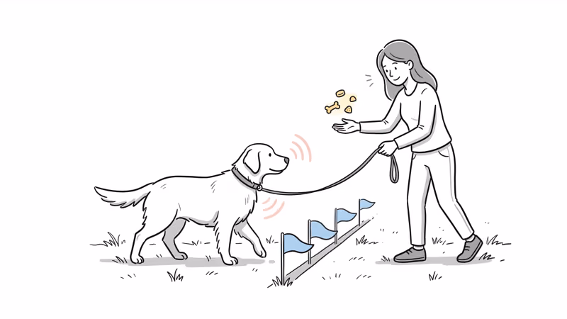 Dog boundary training process with visual markers and on-leash guidance near fence perimeter