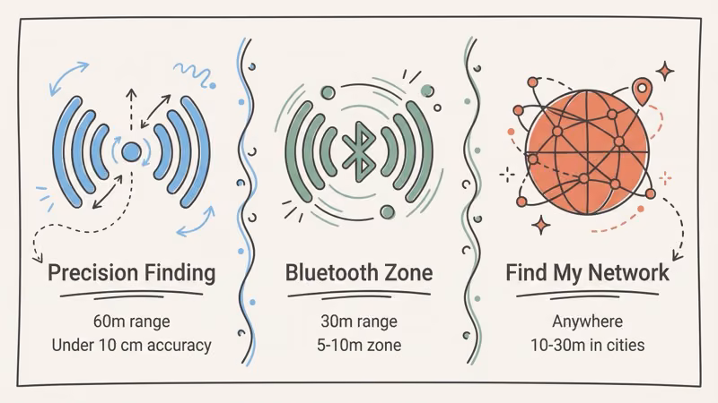 Three AirTag tracking modes and their accuracy ranges from centimeters to kilometers