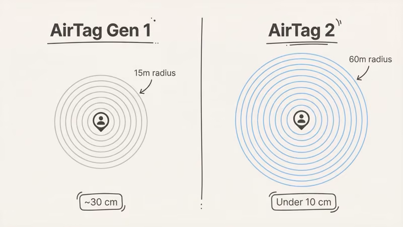 AirTag 2 versus Gen 1 Precision Finding range comparison showing 60m vs 15m
