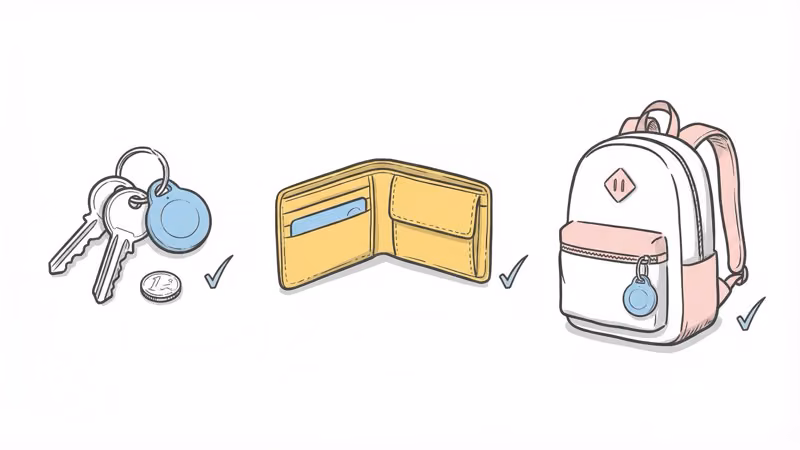 AirTag attached to keys, wallet, and backpack for everyday item tracking