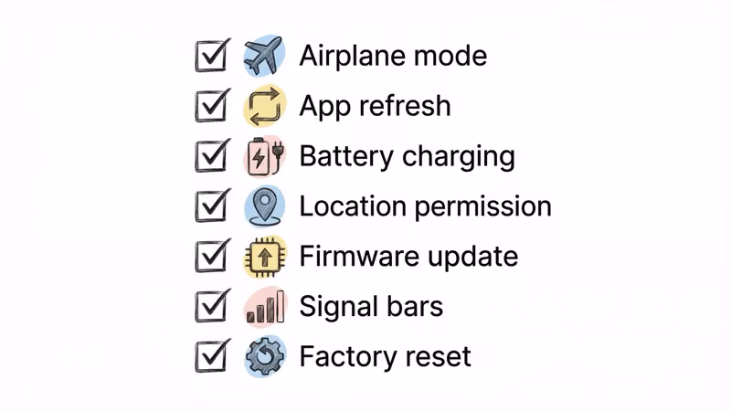 Visual checklist of Jiobit troubleshooting steps from network reset to factory restore
