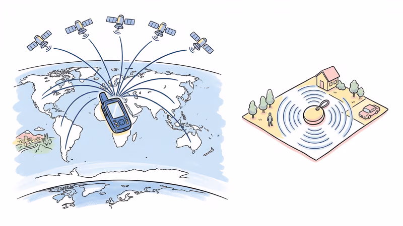 Diagram showing GPS cellular range versus Bluetooth 400-foot range for tracking