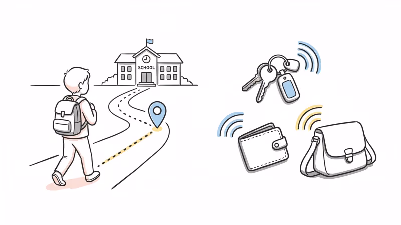 Split view comparing Jiobit tracking a child at school versus Tile finding lost keys at home
