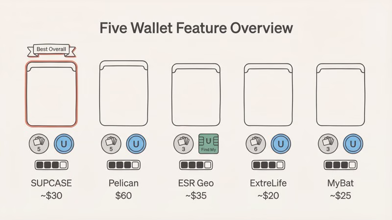 Feature comparison of the five best MagSafe wallets with AirTag holders