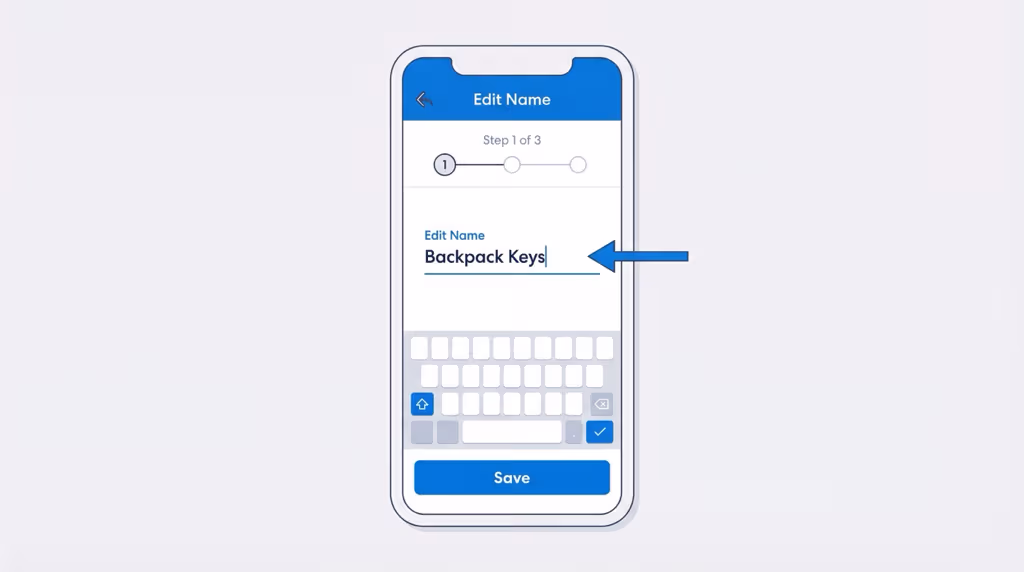 Step-by-step guide showing how to rename a Tile tracker in the Life360 app