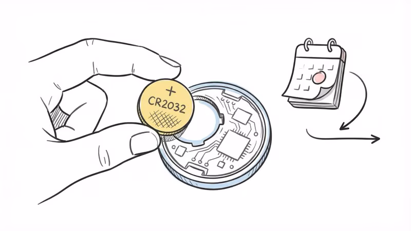 Momax PinTag with back cover removed showing CR2032 battery compartment