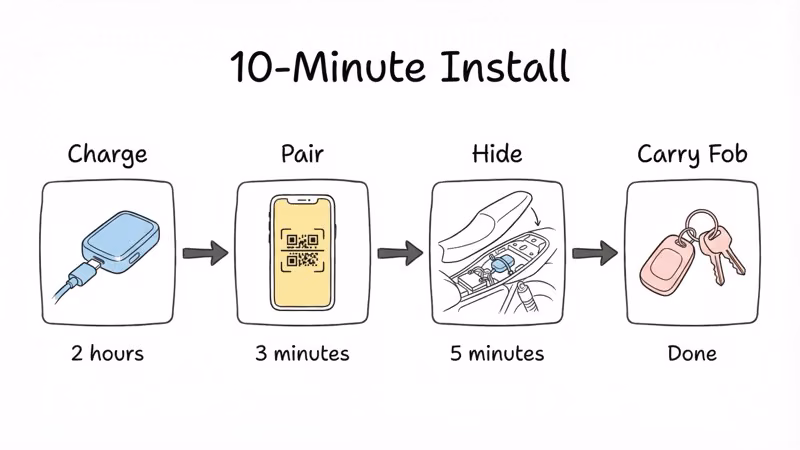 Monimoto 9 four-step installation flowchart: charge, pair, hide, carry fob