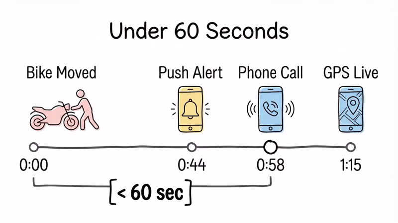 Monimoto 9 theft alert timeline showing under 60 seconds from bike movement to phone call