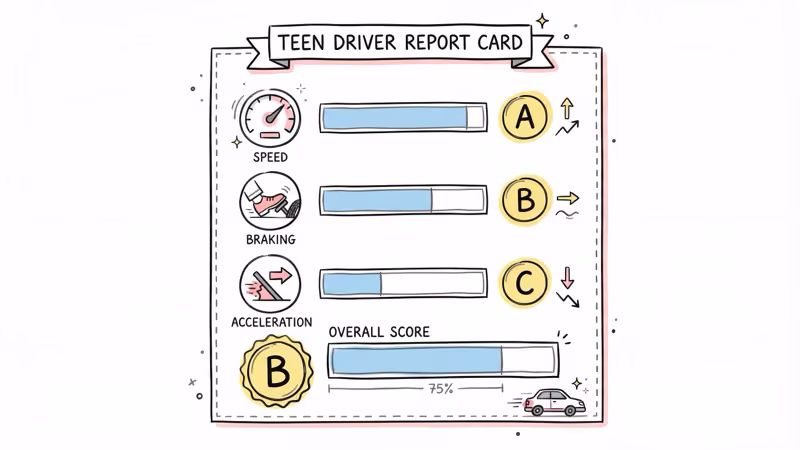 MOTOsafety weekly driving report card showing speed, braking, and acceleration scores for a teen driver