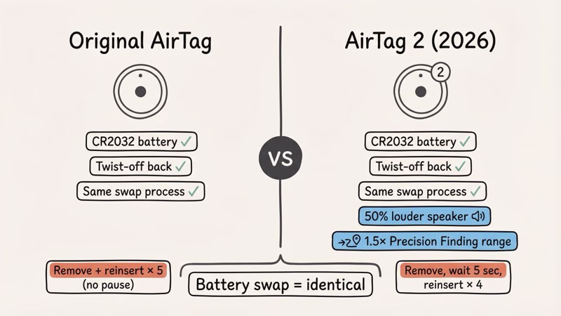 AirTag vs AirTag 2 battery compartment comparison showing identical CR2032 design