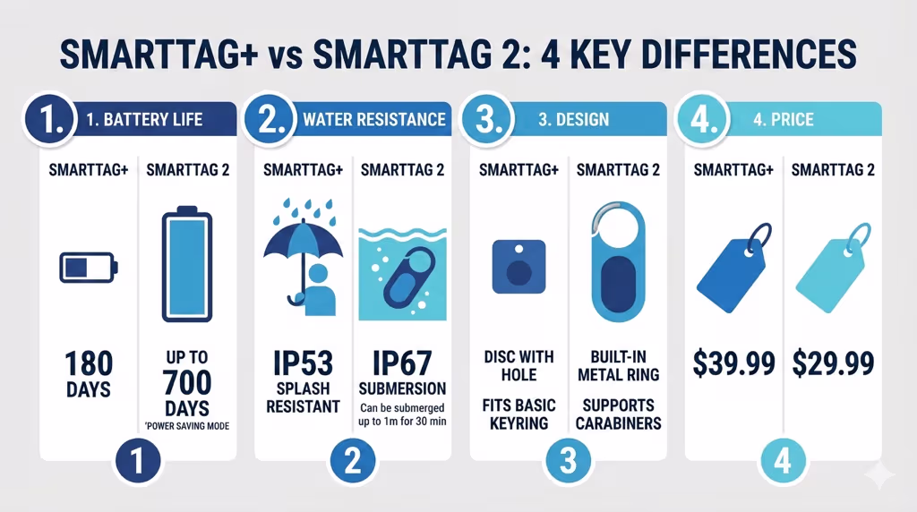 Infographic showing four key differences between SmartTag Plus and SmartTag 2