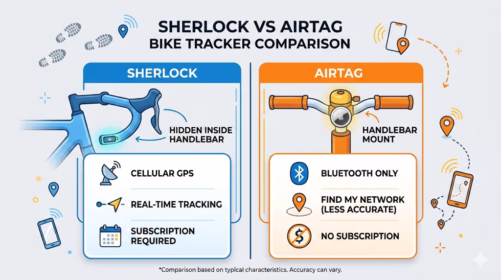 Sherlock vs AirTag comparison for bike security showing key differences in tracking approach