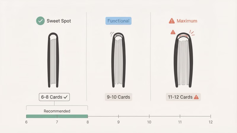 TagsMate wallet card capacity tiers showing 6-8 ideal, 9-10 tight, and 11-12 maximum loads