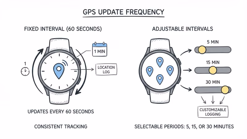 TickTalk and Xplora GPS update interval comparison showing 60-second vs configurable check-in options