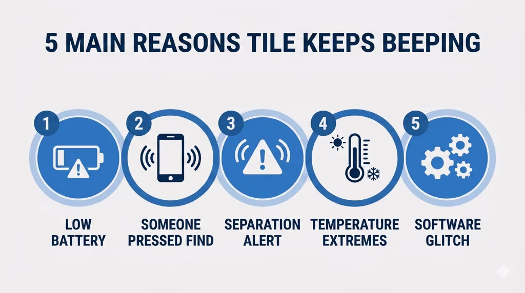 Infographic showing the five main reasons a Tile tracker keeps beeping
