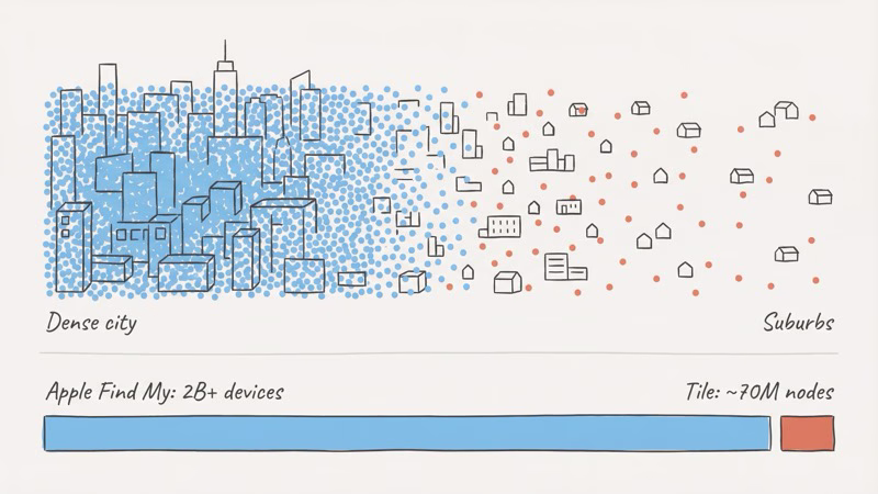 Tile network coverage comparison showing 70 million Tile nodes vs 2 billion Apple Find My devices