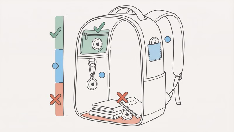 AirTag placement options inside a backpack ranked from best to worst hiding spots