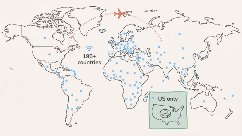 Tracki global coverage map showing 190+ countries vs LandAirSea US-only limitation