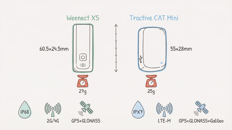 Weenect XS vs Tractive CAT Mini visual specs comparison including weight, dimensions, and battery
