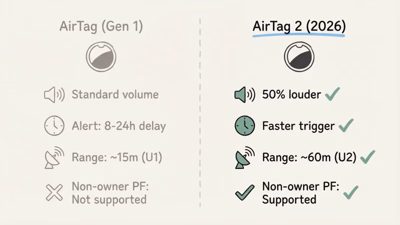 AirTag vs AirTag 2 speaker volume comparison showing 50 percent louder improvement